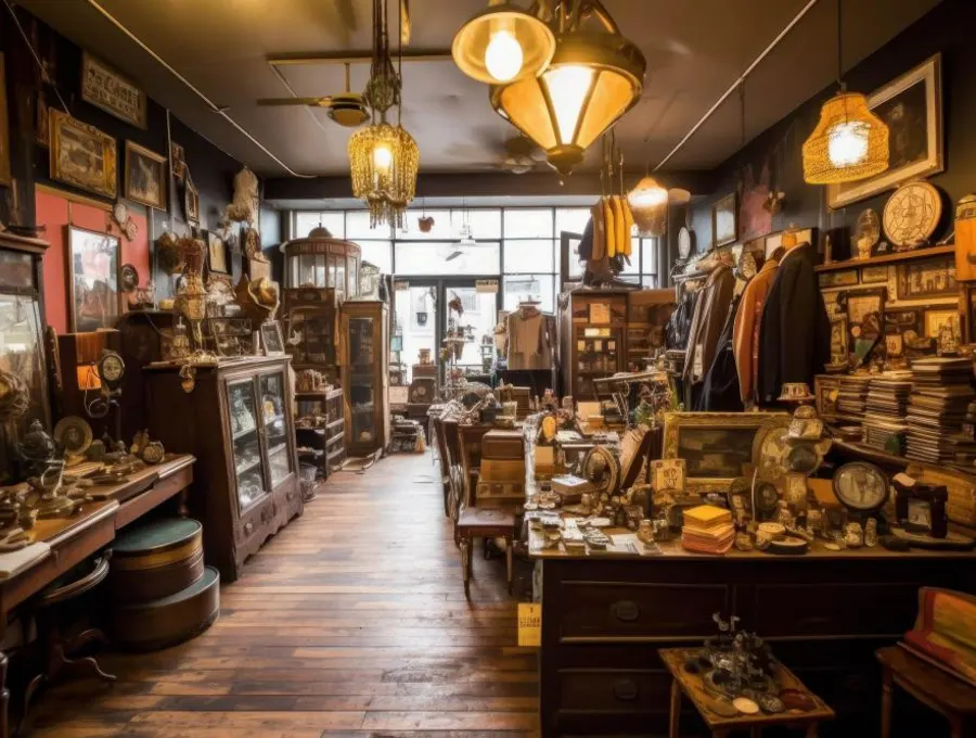 Intérieur d'une brocante : meubles, pendules et objets anciens en attente d'estimation
