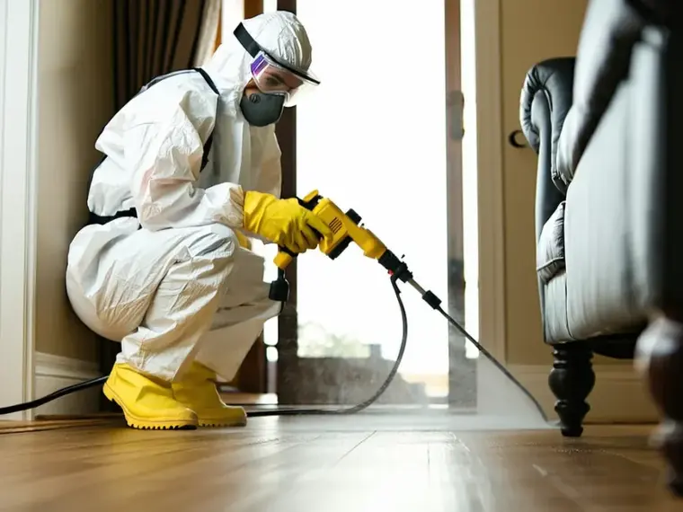 Technicien en combinaison lors d'une désinfection de logement