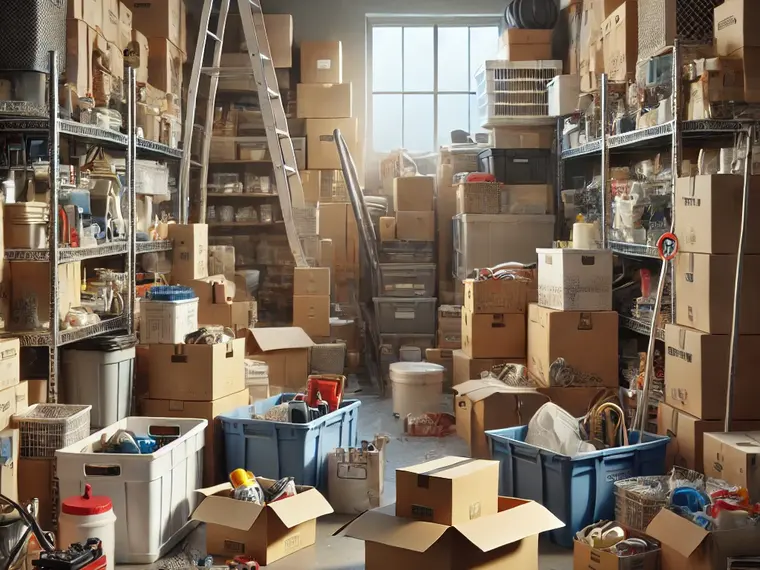 Cave encombrée de cartons et d'étagères avant débarras