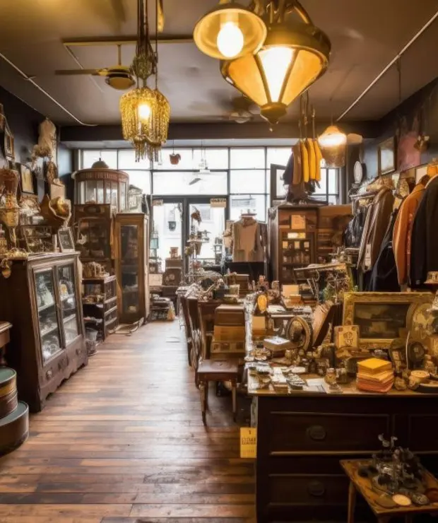 Meubles, pendules et objets anciens dans une brocante